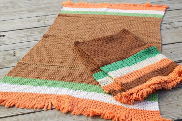 photo of hippie vintage crocheted rugs, soft thick yarn crochet scatter rugs w/ fringe #1