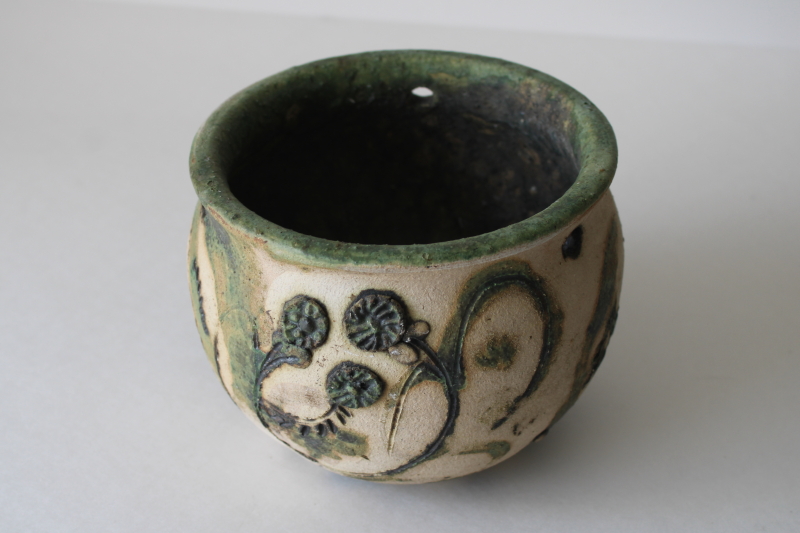 photo of hippie vintage hand crafted pottery hanging planter pot, rough clay natural color w/ green flowers  #1