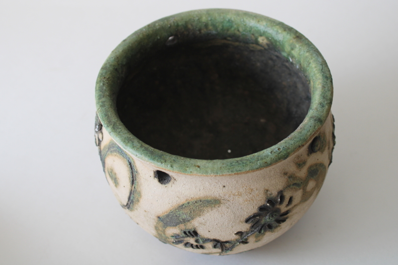 photo of hippie vintage hand crafted pottery hanging planter pot, rough clay natural color w/ green flowers  #2