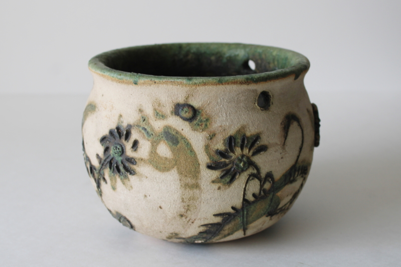 photo of hippie vintage hand crafted pottery hanging planter pot, rough clay natural color w/ green flowers  #3