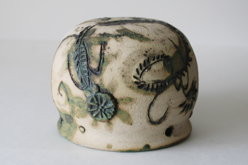 photo of hippie vintage hand crafted pottery hanging planter pot, rough clay natural color w/ green flowers  #4