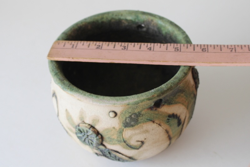 photo of hippie vintage hand crafted pottery hanging planter pot, rough clay natural color w/ green flowers  #5