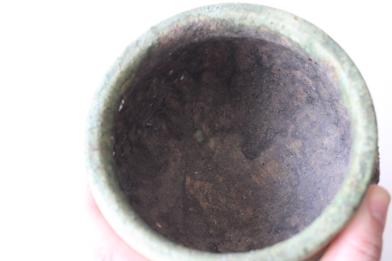 photo of hippie vintage hand crafted pottery hanging planter pot, rough clay natural color w/ green flowers  #6