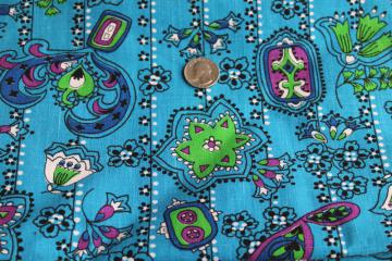 catalog photo of hippie vintage mod paisley print cotton fabric, bright aqua blue, purple, green
