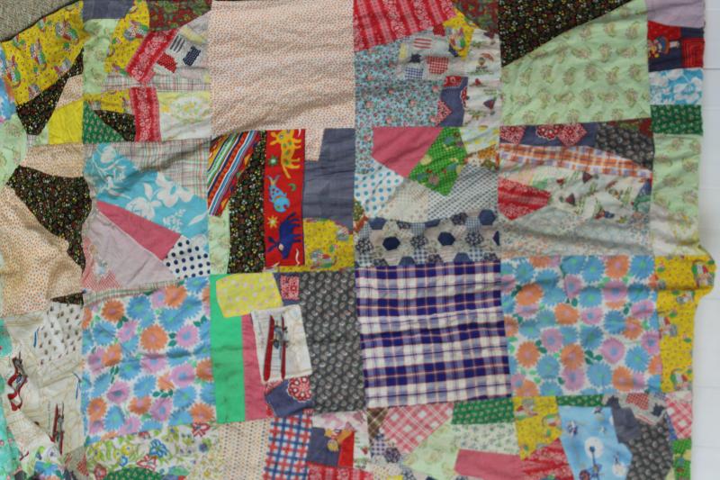 photo of hippie vintage patchwork crazy quilt bedspread, a jumble of cotton prints of all colors #1