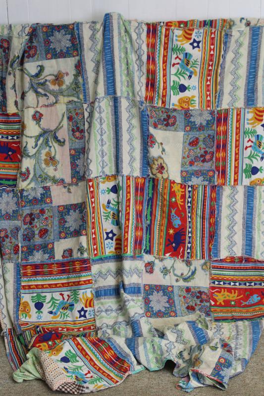 photo of hippie vintage patchwork crazy quilt bedspread, a jumble of cotton prints of all colors #2