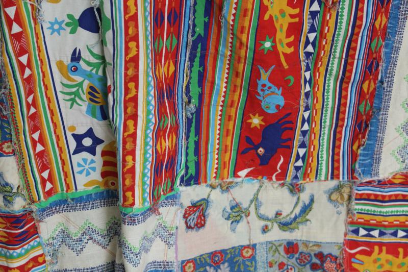 photo of hippie vintage patchwork crazy quilt bedspread, a jumble of cotton prints of all colors #5