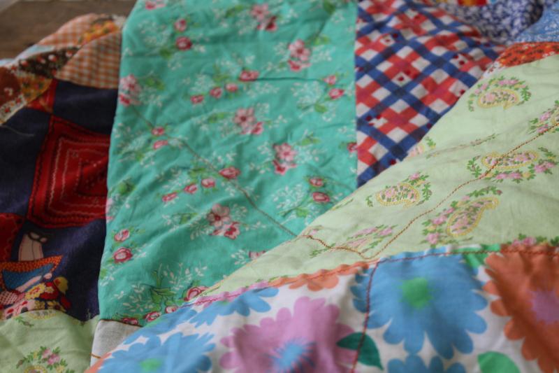 photo of hippie vintage patchwork crazy quilt bedspread, a jumble of cotton prints of all colors #7