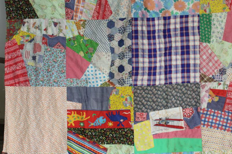 photo of hippie vintage patchwork crazy quilt bedspread, a jumble of cotton prints of all colors #16