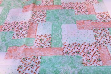 hippie vintage poly cotton fabric, calico & lace print patchwork mint green & blush pink