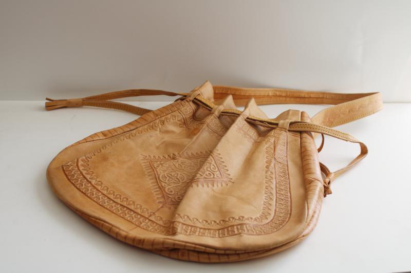 photo of hippie vintage purse, soft tooled leather pouch drawstring bag boho festival style #3