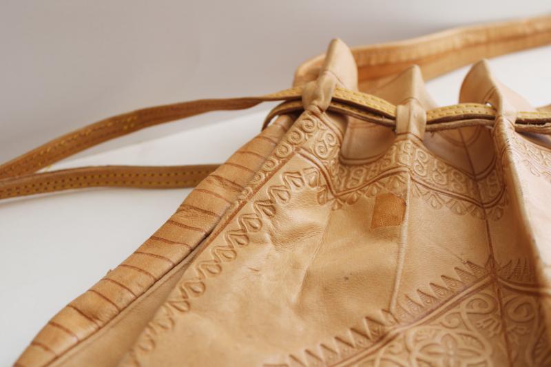 photo of hippie vintage purse, soft tooled leather pouch drawstring bag boho festival style #4