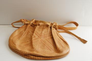 hippie vintage purse, soft tooled leather pouch drawstring bag boho festival style