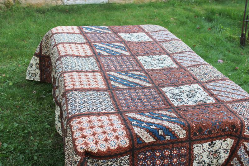 photo of hippie vintage quilted cotton poly bedspread, boho batik print indigo blue & brown #1