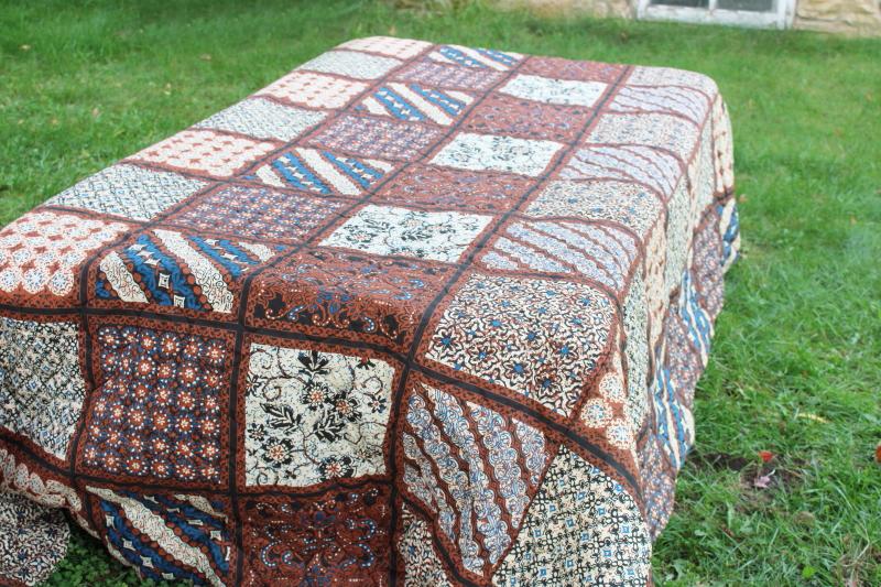 photo of hippie vintage quilted cotton poly bedspread, boho batik print indigo blue & brown #5