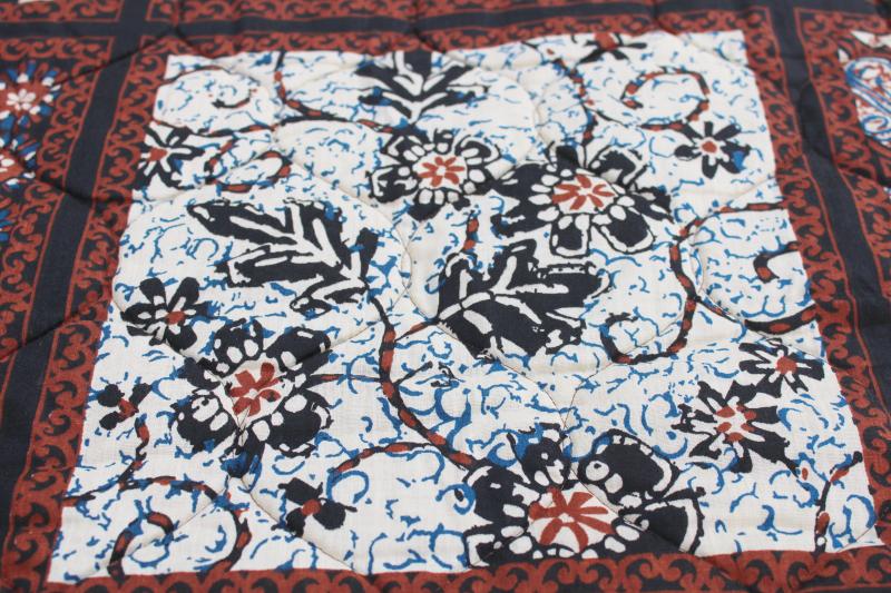 photo of hippie vintage quilted cotton poly bedspread, boho batik print indigo blue & brown #7