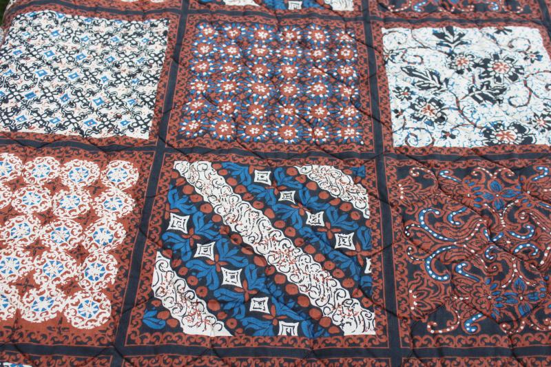 photo of hippie vintage quilted cotton poly bedspread, boho batik print indigo blue & brown #8