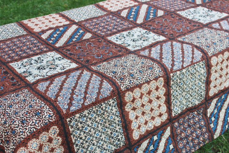 photo of hippie vintage quilted cotton poly bedspread, boho batik print indigo blue & brown #9