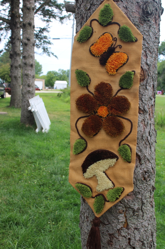 photo of hippie vintage rya rug hooked burlap wall hanging, mushroom, butterfly, daisy #2