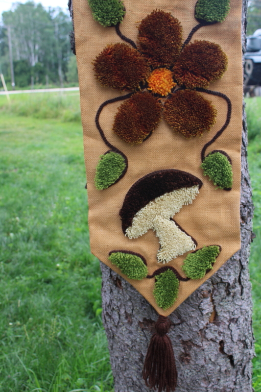 photo of hippie vintage rya rug hooked burlap wall hanging, mushroom, butterfly, daisy #4
