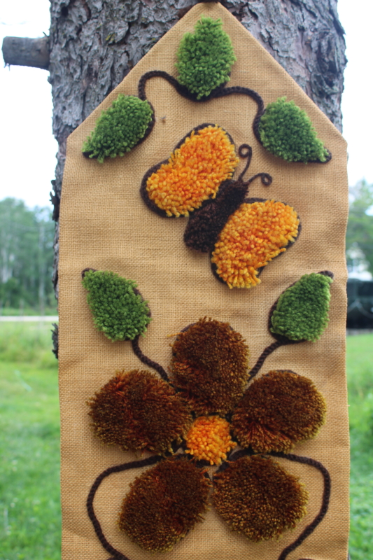 photo of hippie vintage rya rug hooked burlap wall hanging, mushroom, butterfly, daisy #5
