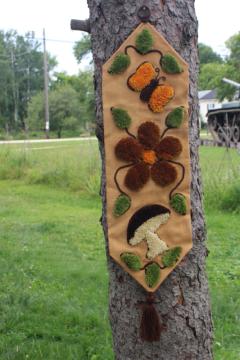 catalog photo of hippie vintage rya rug hooked burlap wall hanging, mushroom, butterfly, daisy