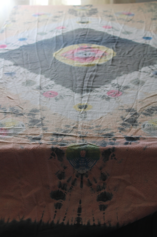 photo of hippie vintage tie dye cotton bedspread, curtain or tablecloth, 1970s retro festival style #3