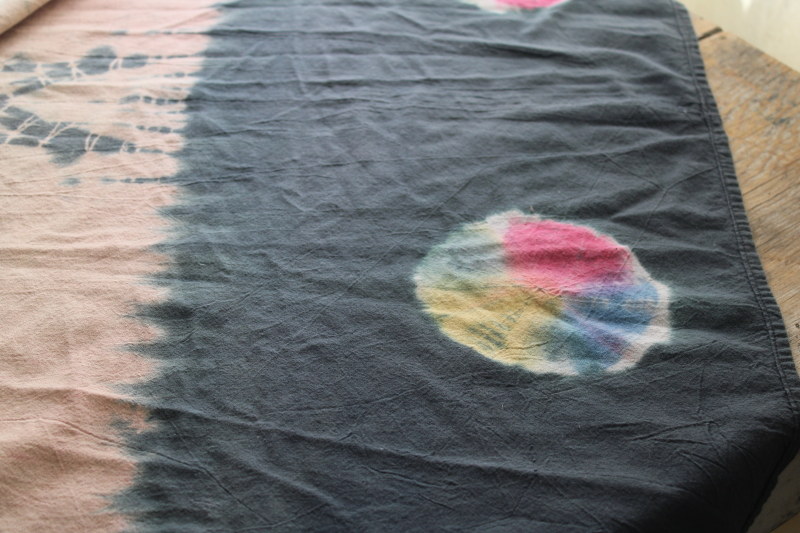photo of hippie vintage tie dye cotton bedspread, curtain or tablecloth, 1970s retro festival style #7