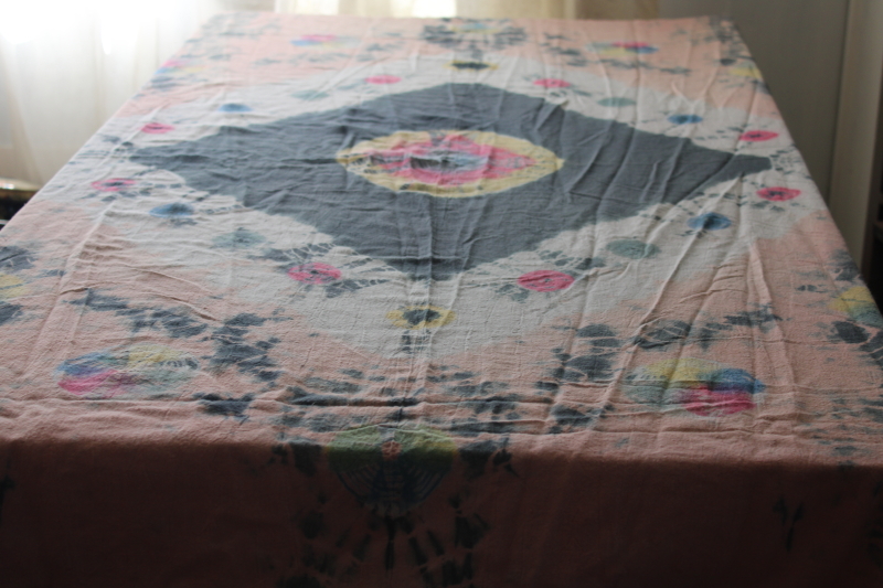 photo of hippie vintage tie dye cotton bedspread, curtain or tablecloth, 1970s retro festival style #8
