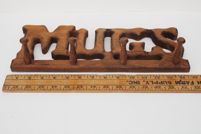 photo of hippie vintage wood MUGS wall hanging mug rack for 70s retro kitchen, coffee bar! #3