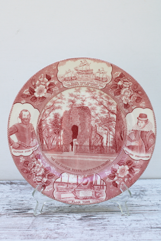 photo of historic Jamestown vintage red transferware china plate, Virginia landmarks, John Smith & Pocahontas #1