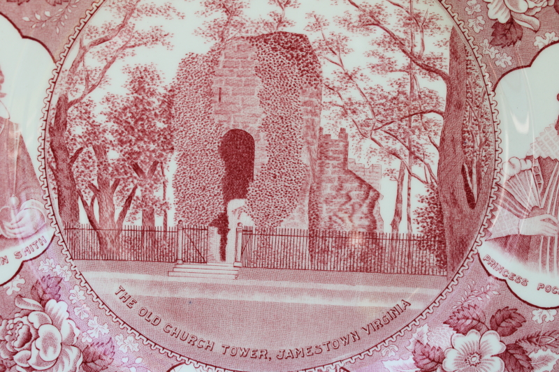 photo of historic Jamestown vintage red transferware china plate, Virginia landmarks, John Smith & Pocahontas  #2