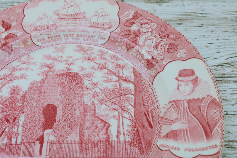photo of historic Jamestown vintage red transferware china plate, Virginia landmarks, John Smith & Pocahontas  #3