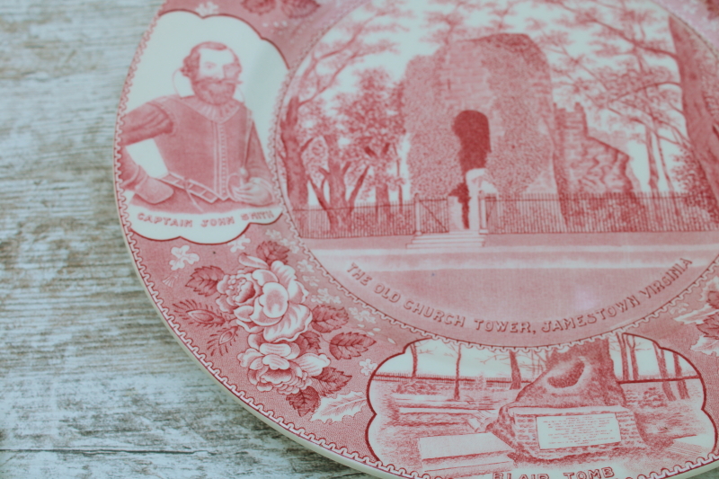 photo of historic Jamestown vintage red transferware china plate, Virginia landmarks, John Smith & Pocahontas  #4