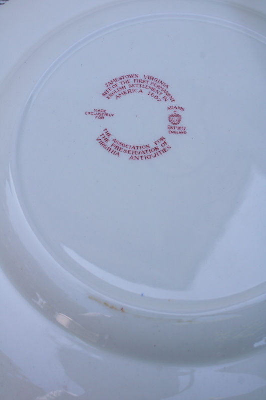 photo of historic Jamestown vintage red transferware china plate, Virginia landmarks, John Smith & Pocahontas  #6