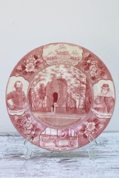 catalog photo of historic Jamestown vintage red transferware china plate, Virginia landmarks, John Smith & Pocahontas 
