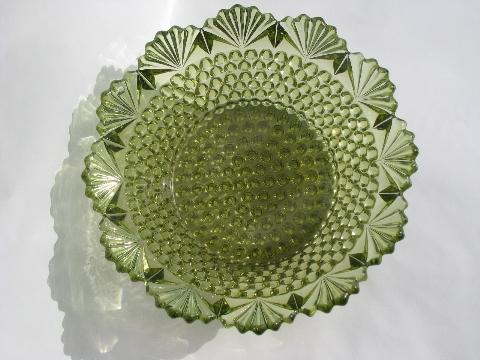 photo of hobnail & fan pattern, vintage pressed glass bowl in green #2