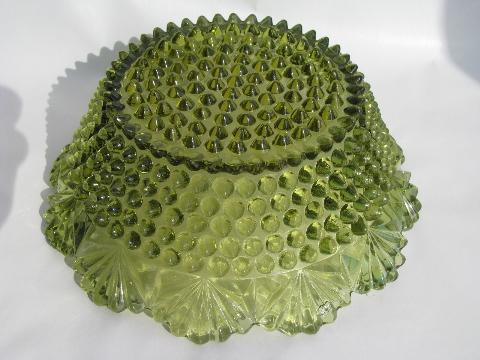 photo of hobnail & fan pattern, vintage pressed glass bowl in green #3