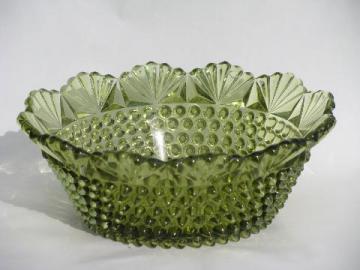 catalog photo of hobnail & fan pattern, vintage pressed glass bowl in green