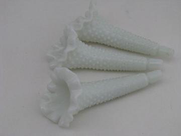 catalog photo of hobnail milk glass epergne horns for flower bowl vase, vintage Westsmoreland or Fenton