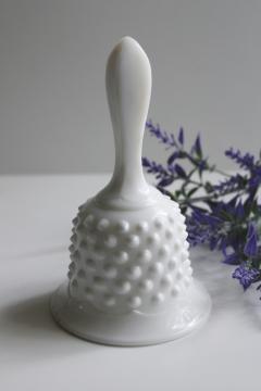 catalog photo of hobnail milk glass table bell, unmarked vintage Fenton glass 