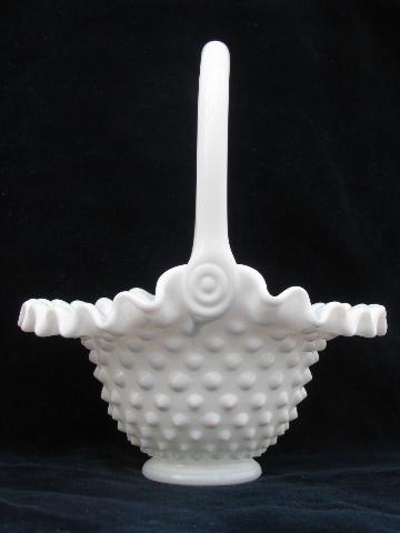 photo of hobnail pattern milk glass bride's flower basket, vintage Fenton #1