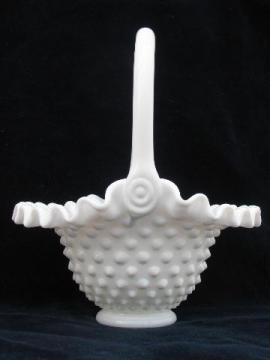 catalog photo of hobnail pattern milk glass bride's flower basket, vintage Fenton