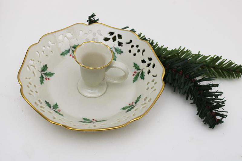 photo of holiday holly Lenox china candle holder, chamber candlestick w/ pierced border #1