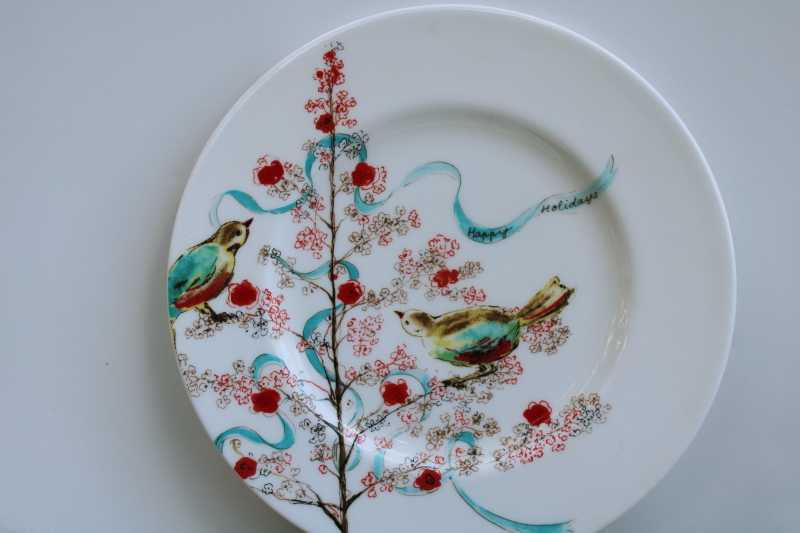 photo of holiday print Lenox Chirp bone china salad luncheon plates, Christmas tree w/ birds  #2