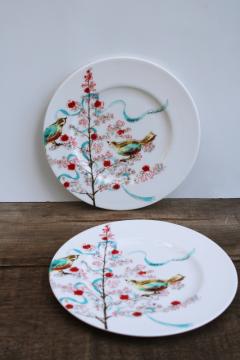 catalog photo of holiday print Lenox Chirp bone china salad luncheon plates, Christmas tree w/ birds