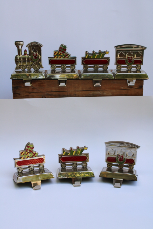 photo of holiday train Christmas stocking holders, weighted hooks silver tone metal w/ colored enamel  #1