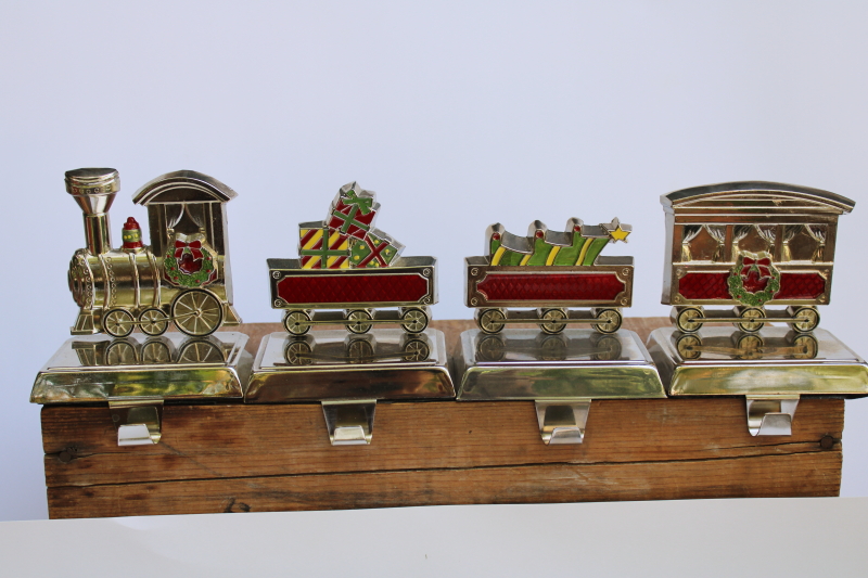 photo of holiday train Christmas stocking holders, weighted hooks silver tone metal w/ colored enamel #2