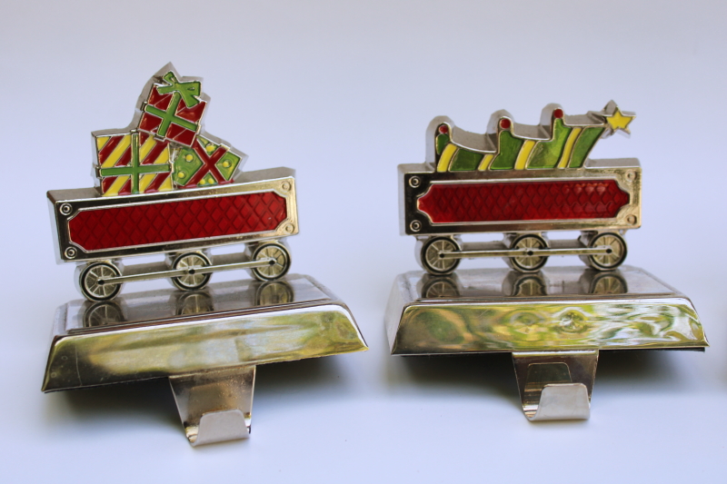 photo of holiday train Christmas stocking holders, weighted hooks silver tone metal w/ colored enamel #3