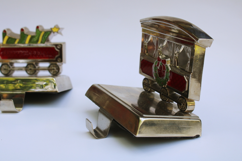 photo of holiday train Christmas stocking holders, weighted hooks silver tone metal w/ colored enamel #4